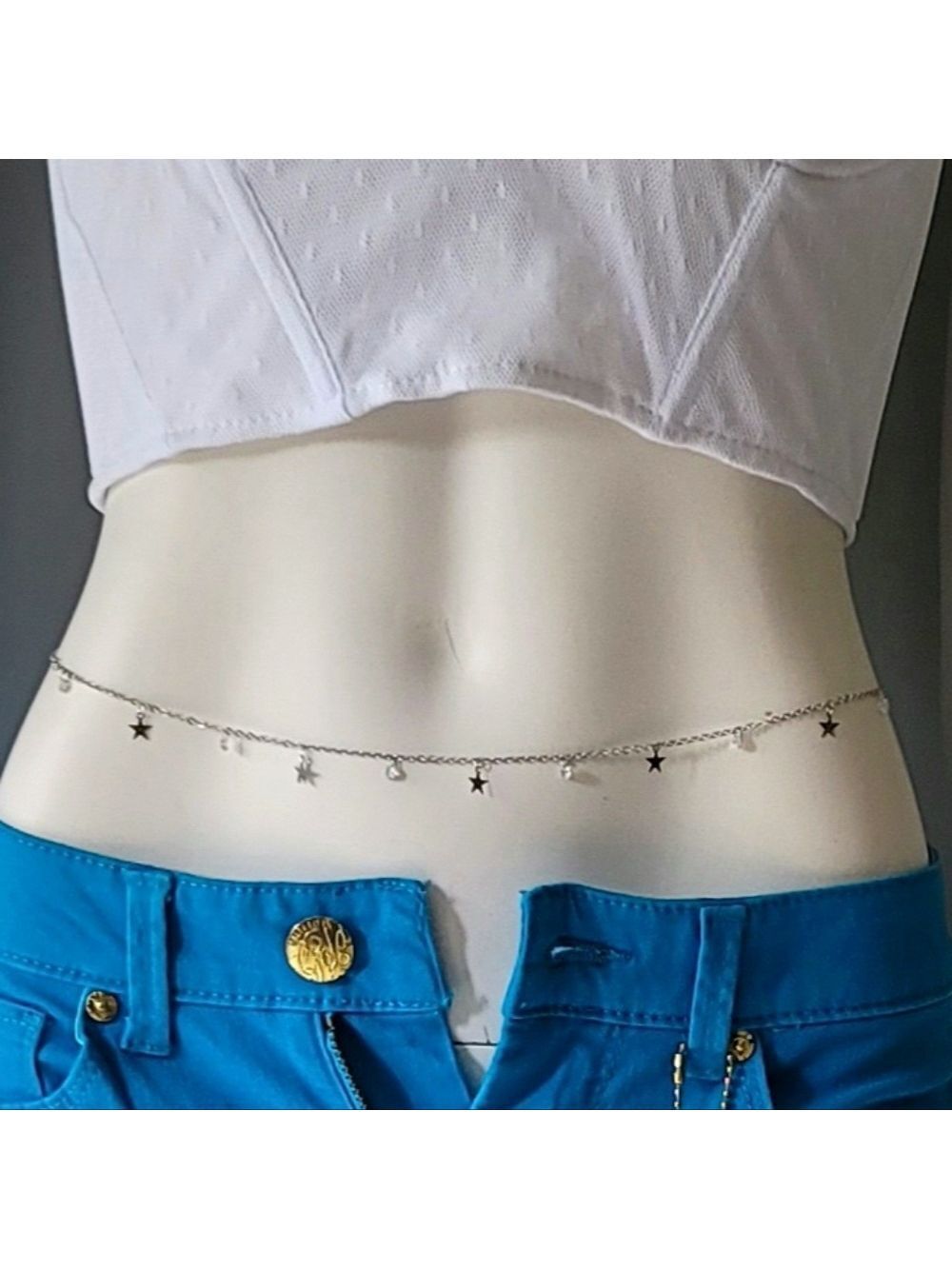 BRAND NEW! Silver Color Boho Rhinestone Crystal and Star Waist Chain 20"